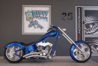 Blue chopper. Custom motorbike spray painting by Immesion Imaging Brisbane. Dipit Kustoms Mick Jones.